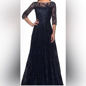 La Femme Elegant Navy Evening Gown